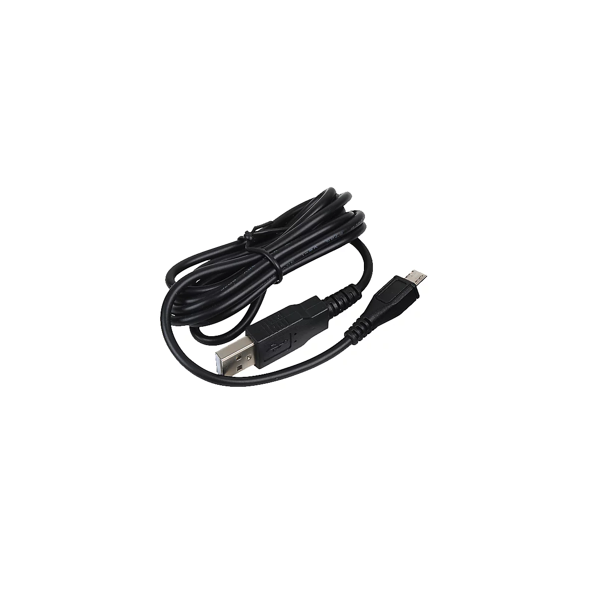 Zwarte USB-kabel. Eén uiteinde: USB-A-connector; andere uiteinde: micro-USB-connector. Kabel opgerold.